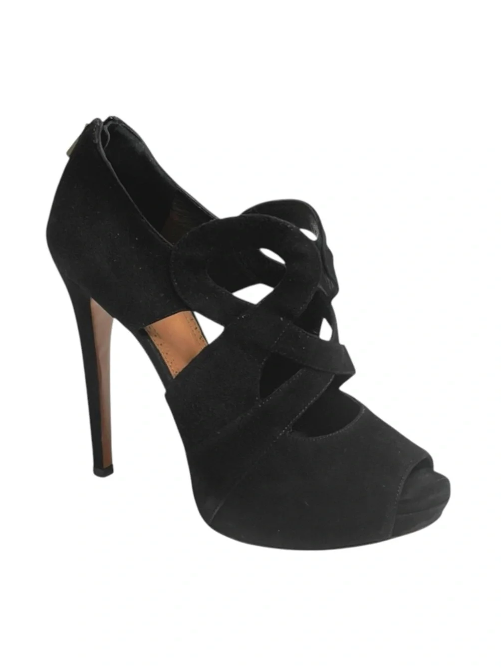 Alaia 𖦹 Cut Out Peep Toe Platform Stiletto Heel Sandals 𖦹 Black Suede 𖦹 37